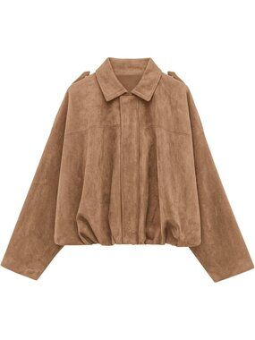 Women's Khaki Faux Suede Cropped Bomber Jacket Long Sleeve ZIP Up Coat